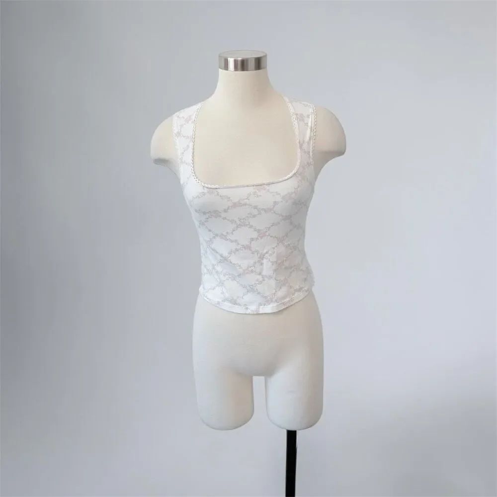 H&M White Floral Coquette Square Neck Bustier Tank Top Cropped Small